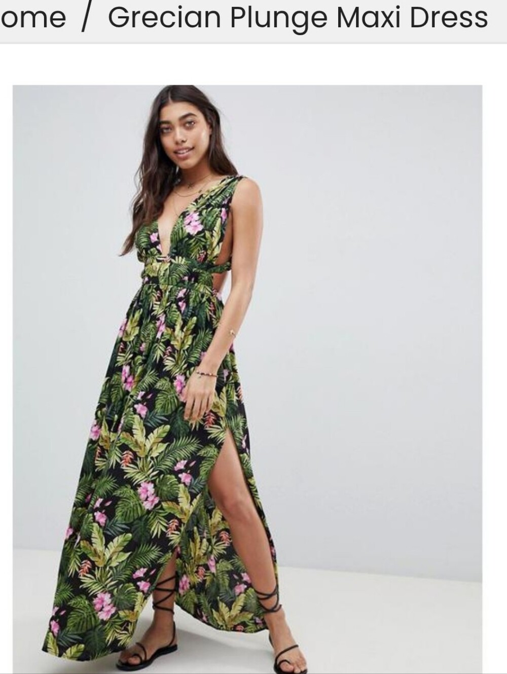 ASOS Tropical Floral Grecian Plunge Maxi Dress - Black & Green with Pink Accents